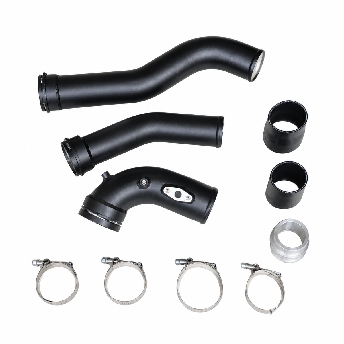 Endura charge pipe-kit voor BMW N20, met drie zwarte buizen, twee siliconen koppelingen, aluminium adapter en vier slangklemmen