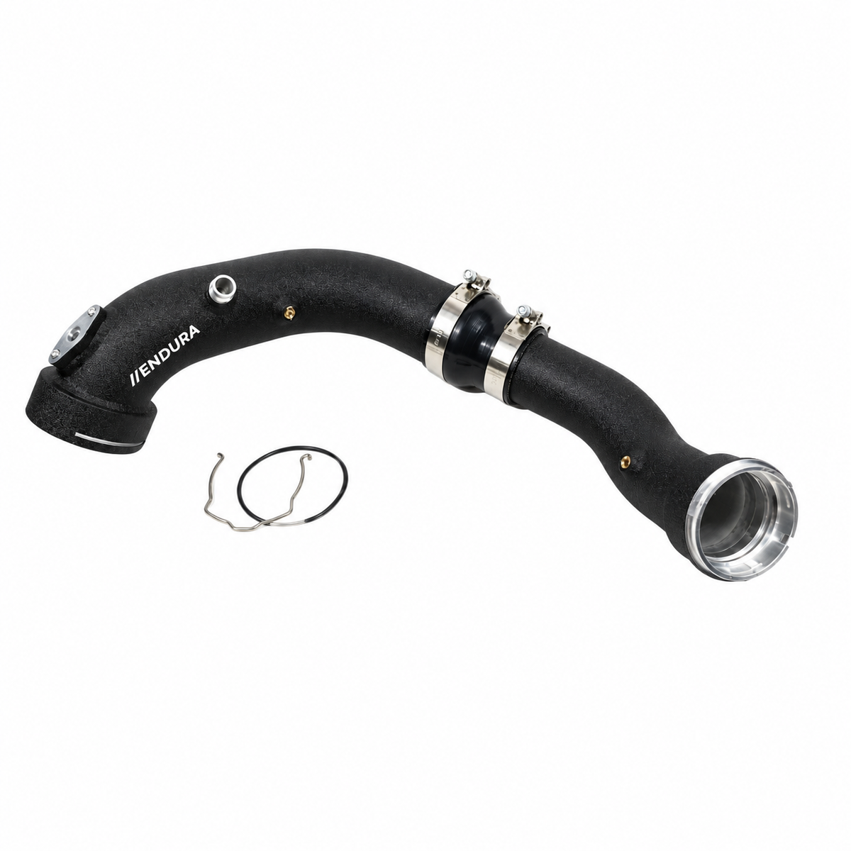 Zwarte Endura chargepipe voor BMW N55 met siliconenkoppeling, slangklemmen, sensorpoorten, borgclip en O-ring