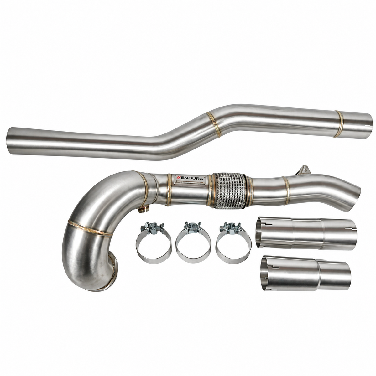 Endura roestvaststalen downpipe-set voor 2.0 TSI EA888.3 MQB, met verbindingsbuis, drie klemmen en twee verloopstukken