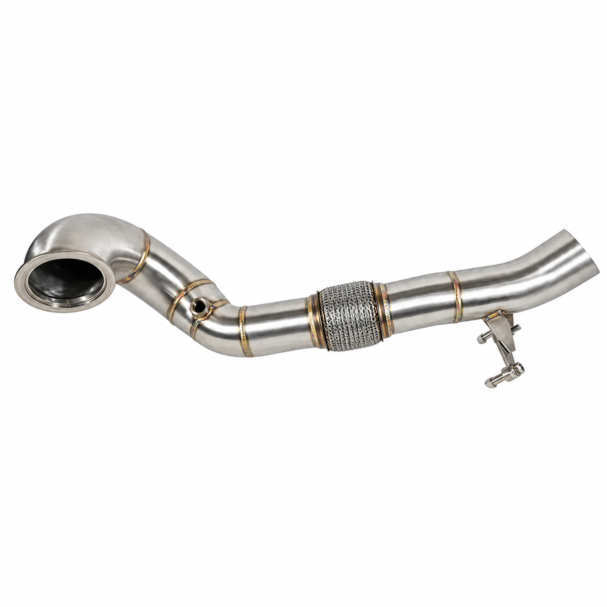 Endura downpipe voor 2.0 TSI EA888.3 MQB, zijaanzicht met aansluitflens, sensorpoort, flexibel deel en montagebeugel