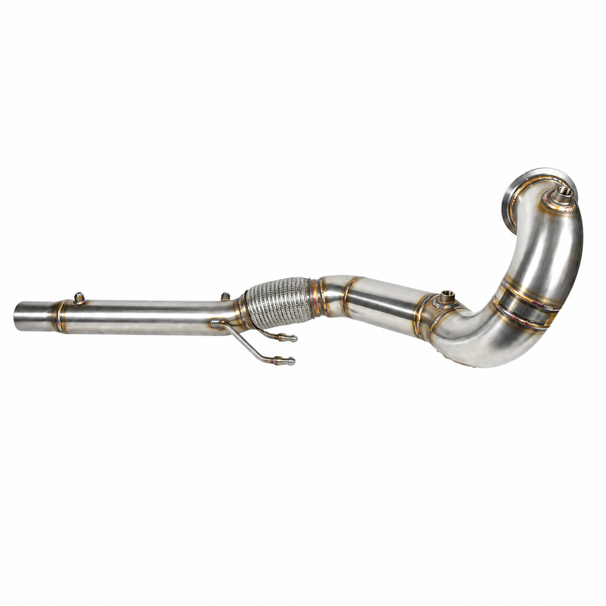 Endura V2 3.5 inch downpipe voor Golf 8 GTI en Octavia NX EA888.4, met aansluitflens, sensorpoorten, flexibel vlechtstuk en dubbele ophangbeugel