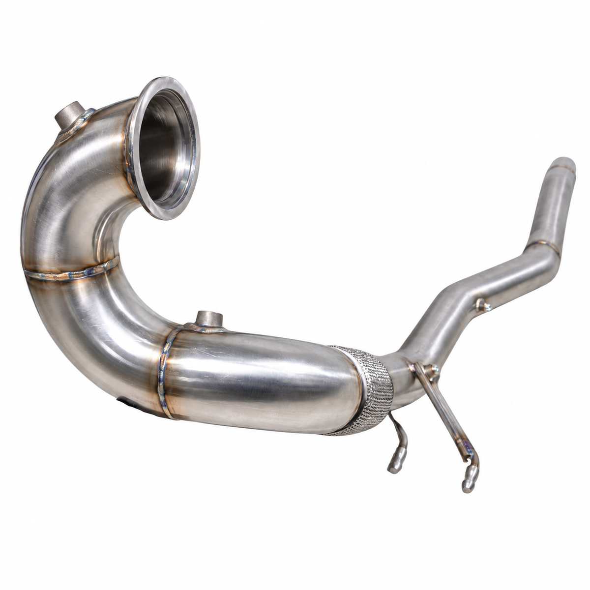 Endura V2 3.5 inch eendelige downpipe voor Golf 8 R, Audi S3 8Y en Formentor EA888.4, met aansluitflens, sensorpoorten en flexibel vlechtstuk