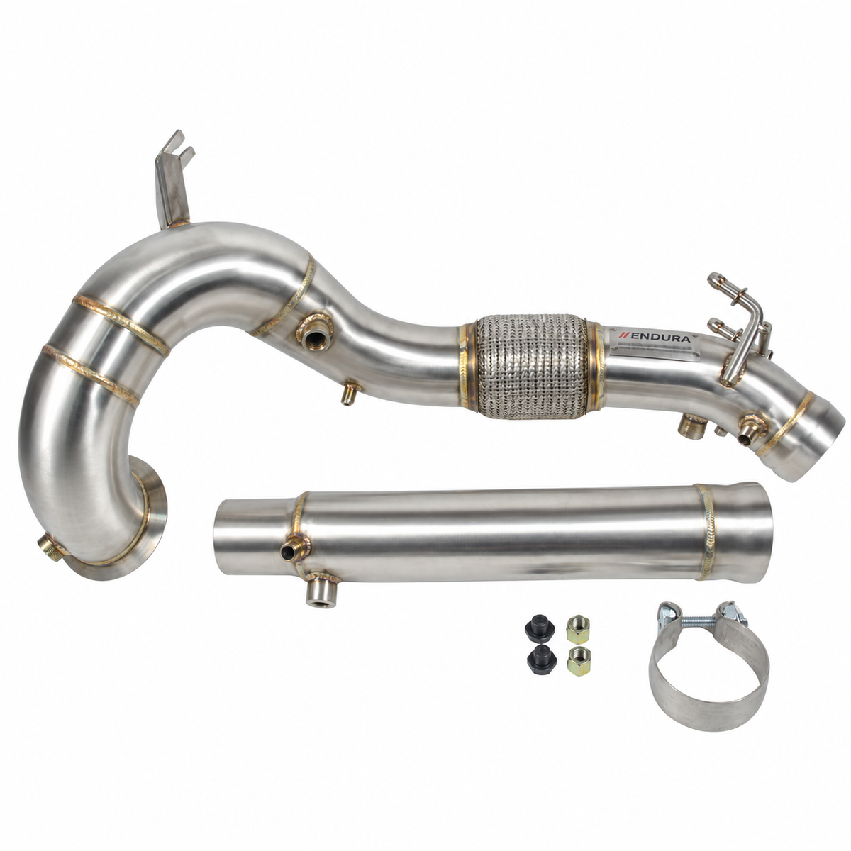 Endura 3,5-inch downpipe-set voor Golf 8 GTI, Clubsport en Octavia NX, met verbindingsbuis, flexstuk, sensorpoorten en klem