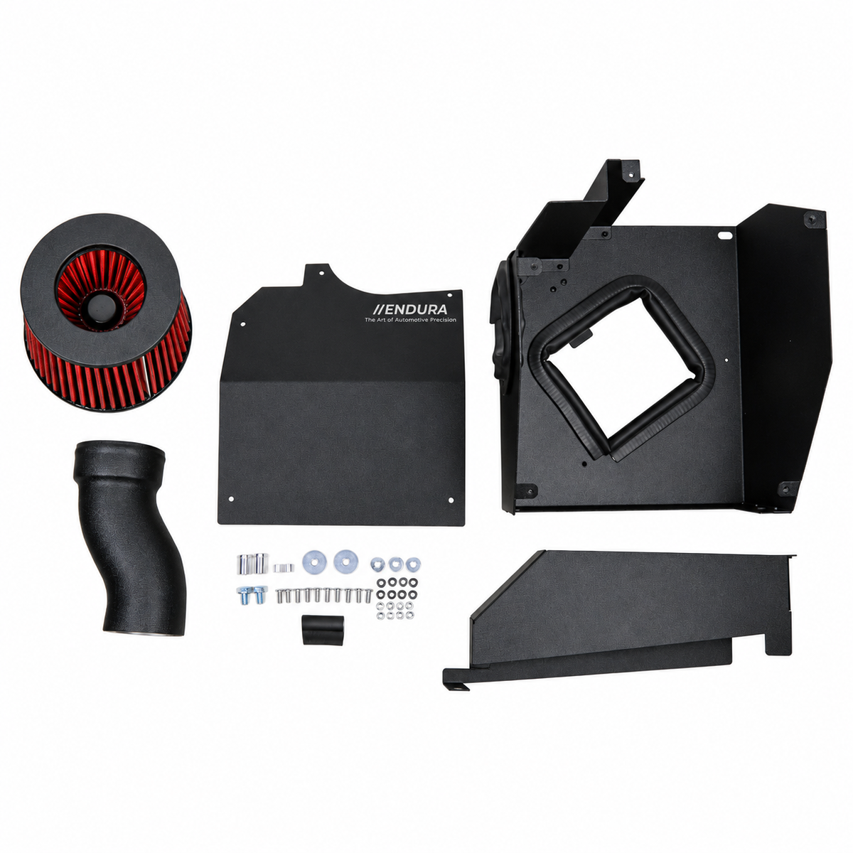 Endura luchtinlaatset voor Mercedes A250, CLA250 en GLA250 M270, met rood filter, zwarte behuizing, inlaatbuis en montagemateriaal