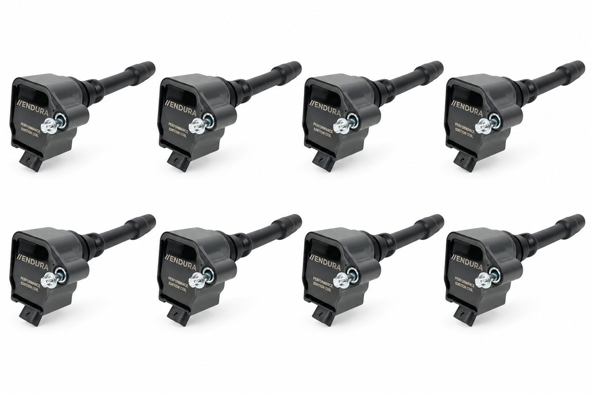 Set van acht zwarte Endura Performance bobines voor BMW S63, N63 en S68 V8, in twee rijen van vier