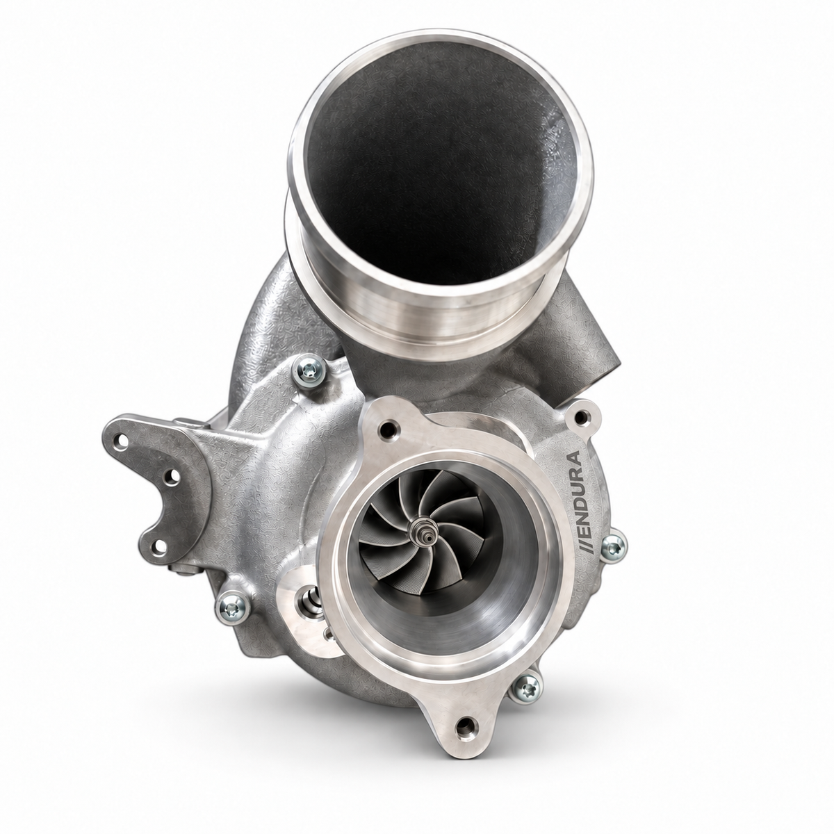 ENDURA G25-660 hybride turbo voor 2.0 TSI EA888 Evo4, vooraanzicht met compressorwiel en gegraveerd logo