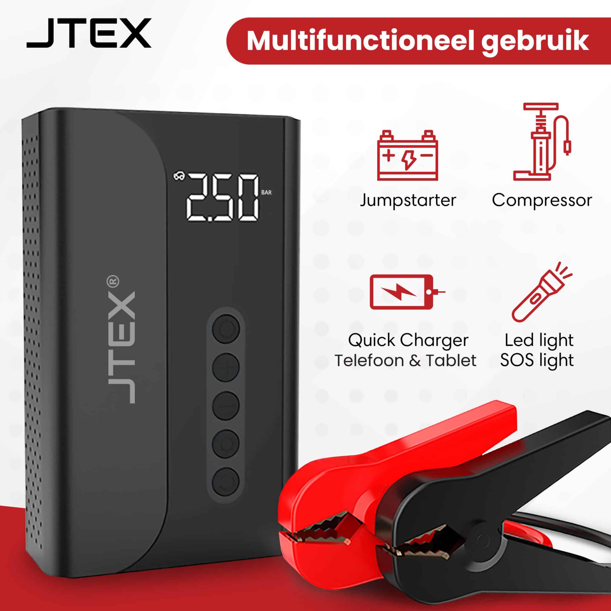 JTEX 12V Jumpstarter + Compressor 1000A 5 in 1 Starthulp 3