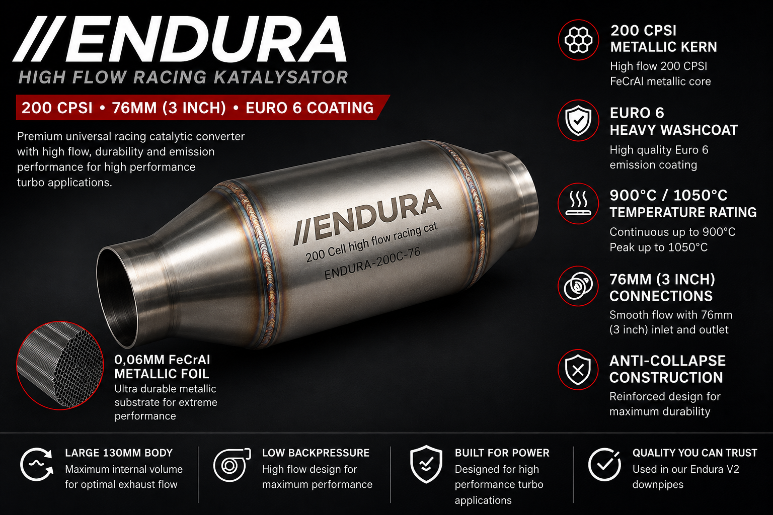 Endura High Flow Racing Katalysator 200 CPSI 76mm (3 Inch) - Euro 6 Coating