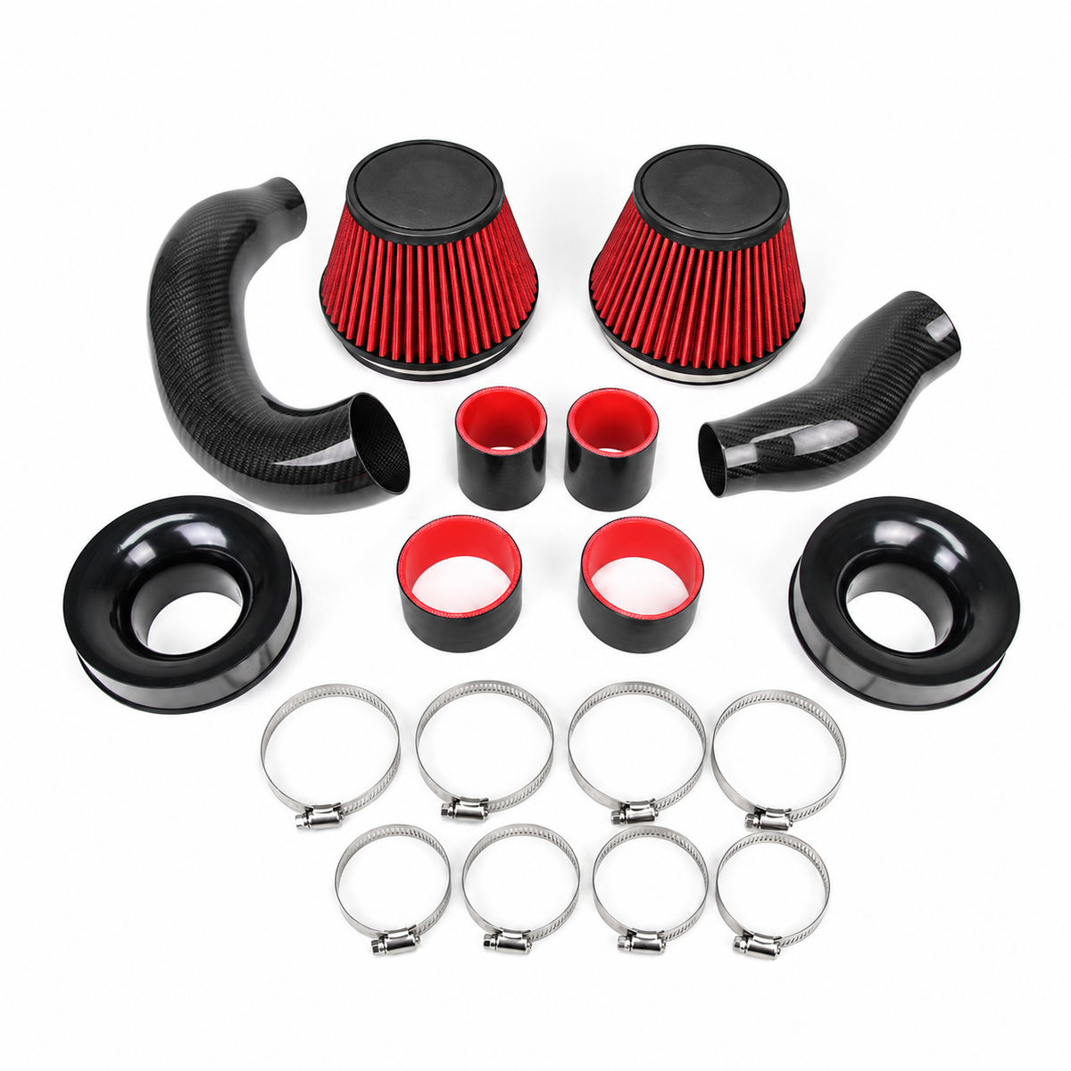 Endura carbon luchtinlaatset voor Audi S6, S7, RS6 en RS7 C7 4.0 TFSI, met twee rode filters, siliconen koppelingen en acht slangklemmen