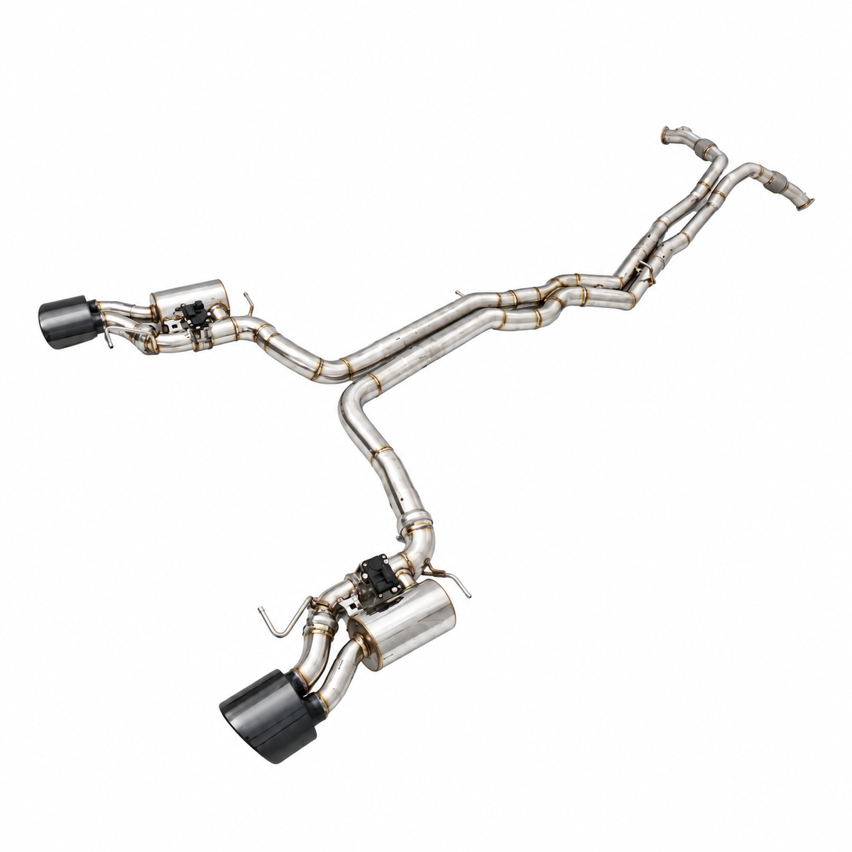 Endura RVS catback-uitlaatsysteem voor Audi RS6 en RS7 C8, met X-pipe, twee einddempers, uitlaatkleppen en donkere ovale eindstukken