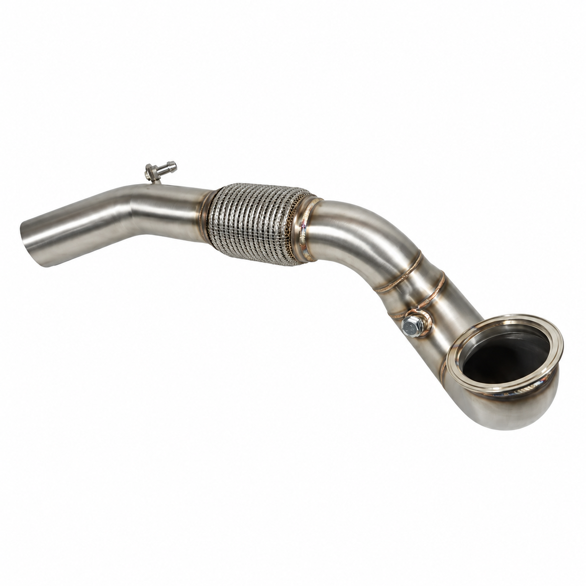 Endura 3,5-inch downpipe voor Golf 7/7.5 GTI, Leon 5F en TT 8S, schuin aanzicht van aansluitflens en lambdasensorpoort