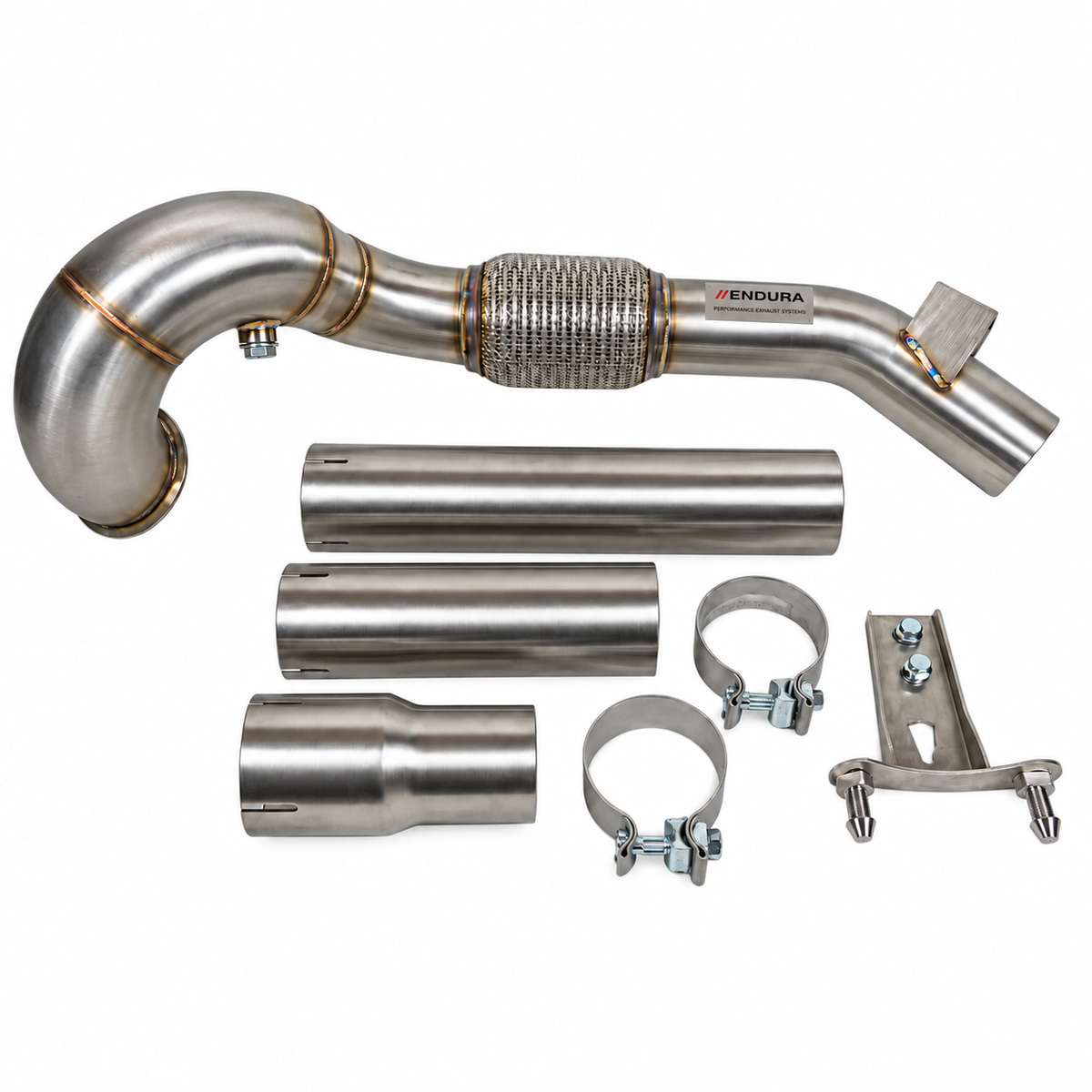Endura 3,5-inch downpipe-set voor Golf 7/7.5 GTI, Leon 5F en TT 8S, met drie verloopstukken, twee klemmen en montagebeugel