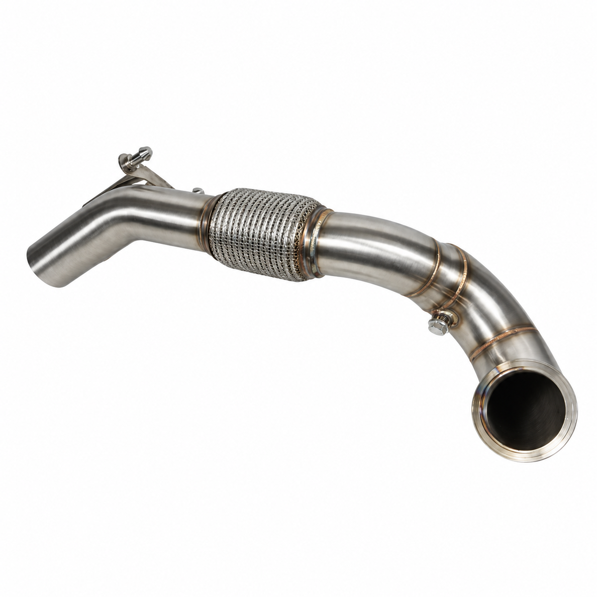 Endura 3,5-inch downpipe voor Golf 7/7.5 GTI, Leon 5F en TT 8S, vooraanzicht met open aansluitflens en flexibel vlechtstuk