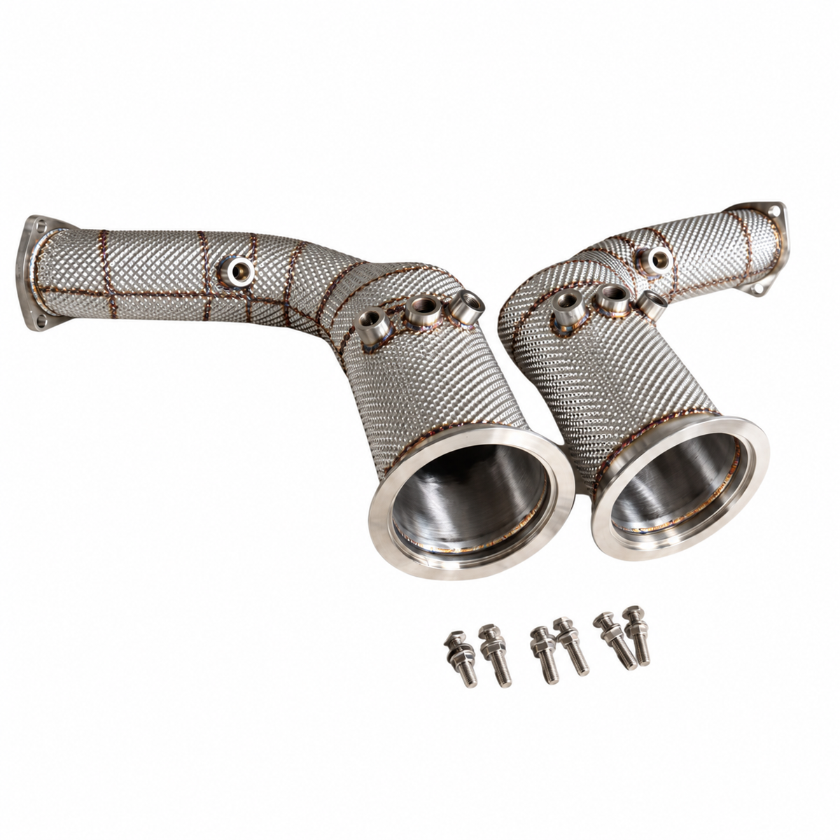 Endura downpipes voor 4.0 TFSI EA825 OPF, met twee hittebeschermde buizen, sensorpoorten en zes montagebouten voor Urus, RSQ8, SQ8, Cayenne en Bentayga
