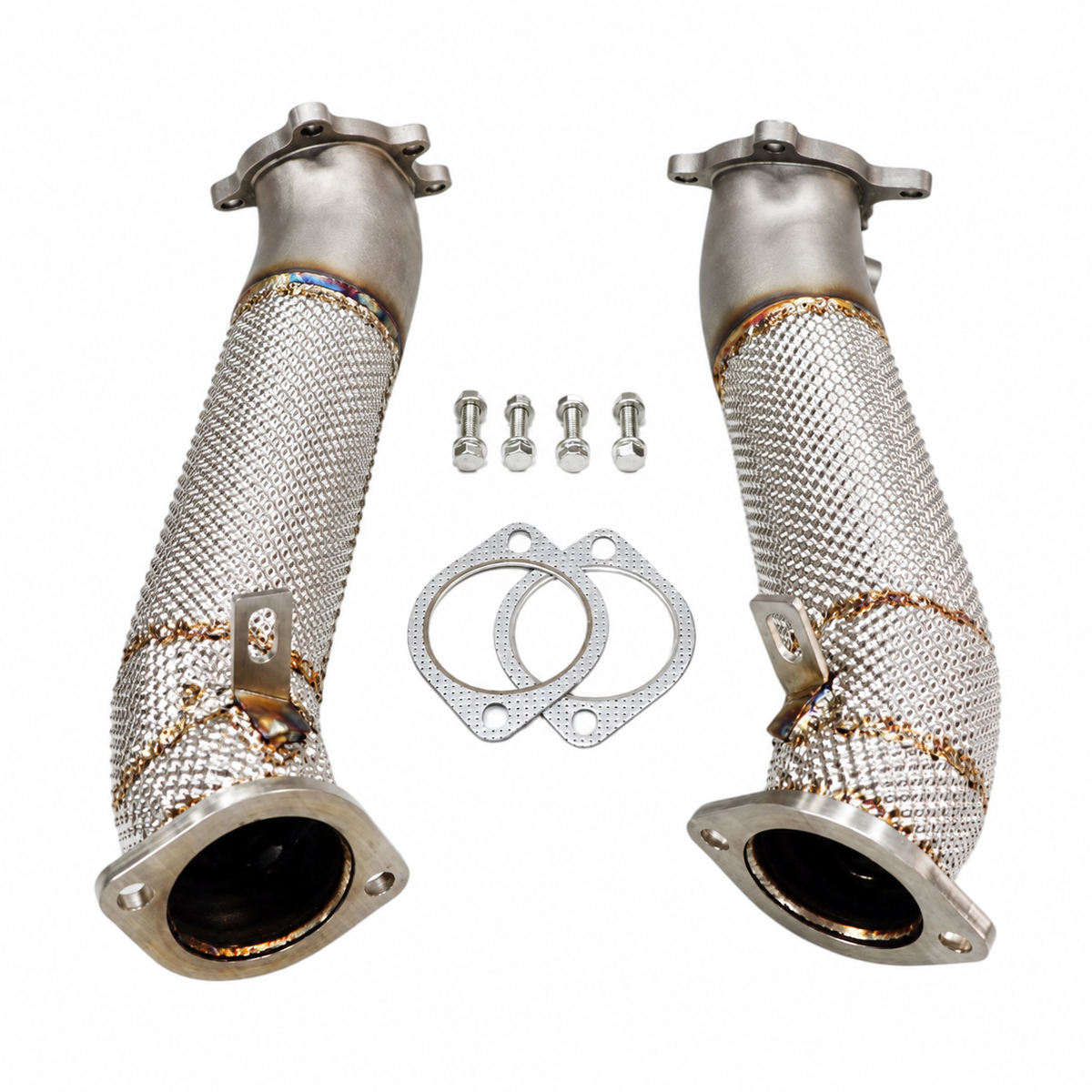 Endura 3.5 inch downpipes voor Nissan GT-R R35, met gegoten aansluitingen, hitteschilden, vier bouten en twee pakkingen