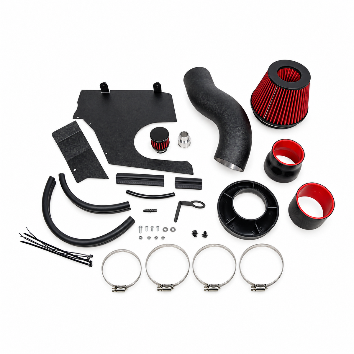 Onderdelen van de Endura luchtinlaatset voor Audi A6 en A7 C7 3.0 TFSI, met rood luchtfilter, inlaatbuis, hitteschild en montagemateriaal