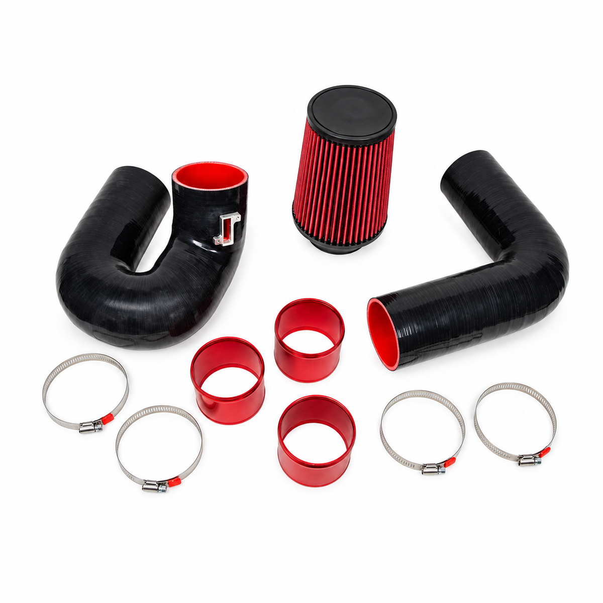 Endura front-mounted luchtinlaatset voor BMW B58, met rood cilindervormig luchtfilter, twee zwarte siliconen buizen, drie rode koppelingen en vier slangklemmen