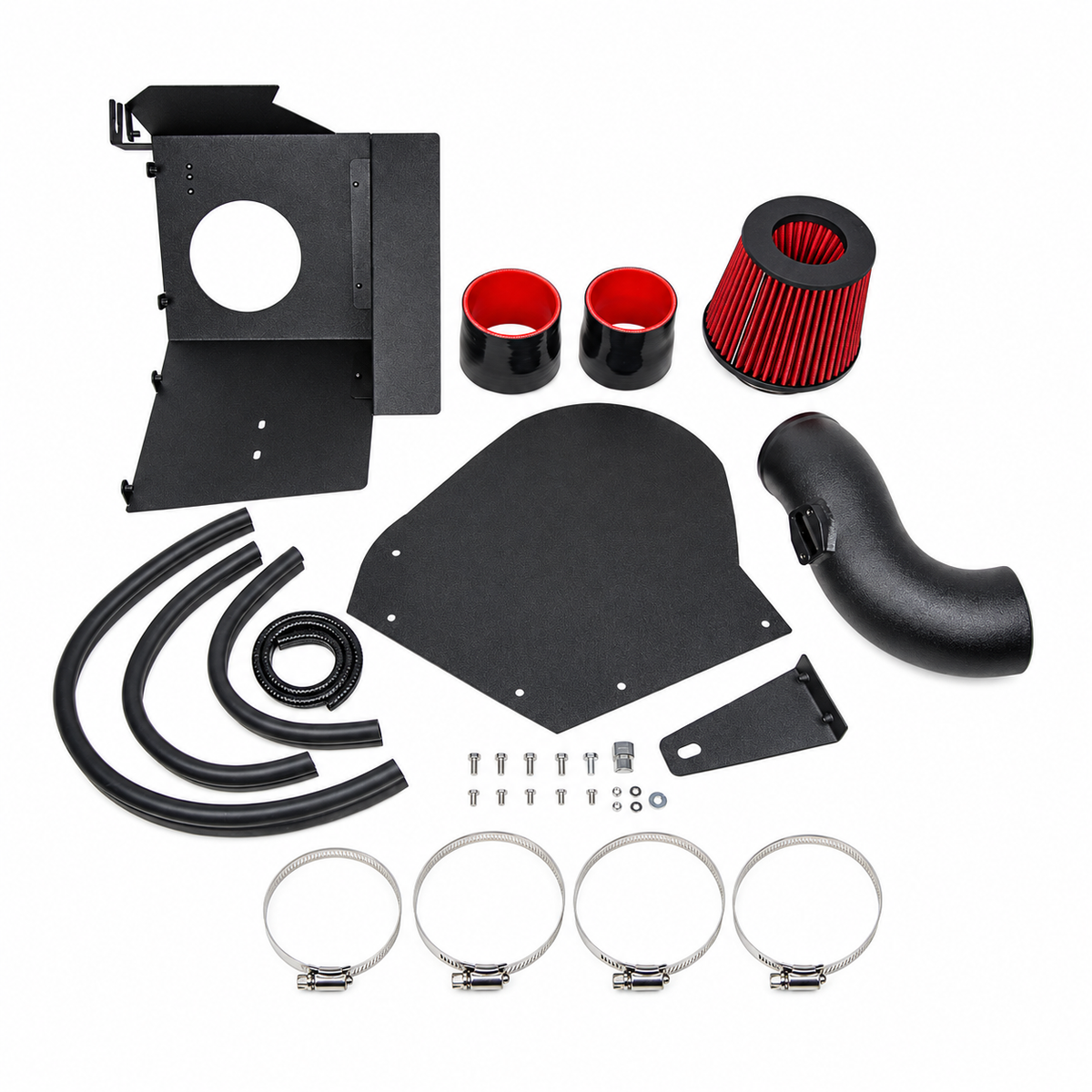 Onderdelen van de Endura luchtinlaatset voor BMW X3 en X4 M40i B58, met rood filter, hitteschild, inlaatbuis, koppelingen en montagemateriaal