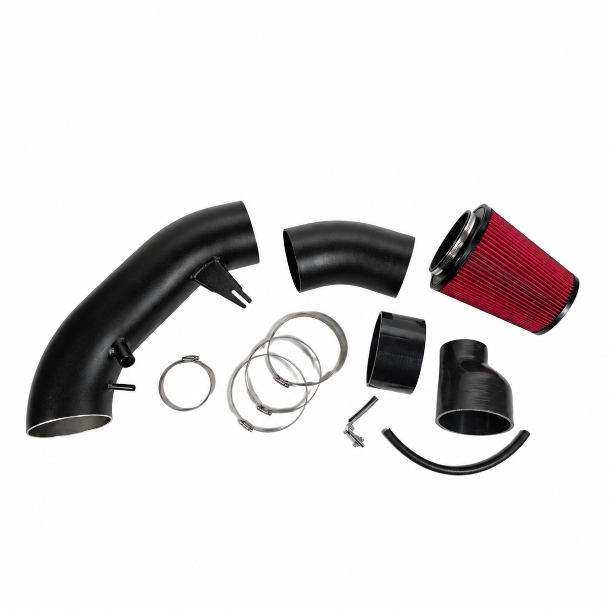 Endura 5 inch Extreme luchtinlaatset voor Audi RS3, TT RS en RSQ3 2.5 TFSI, met zwarte inlaatbuizen, rood luchtfilter, siliconen koppelingen en slangklemmen