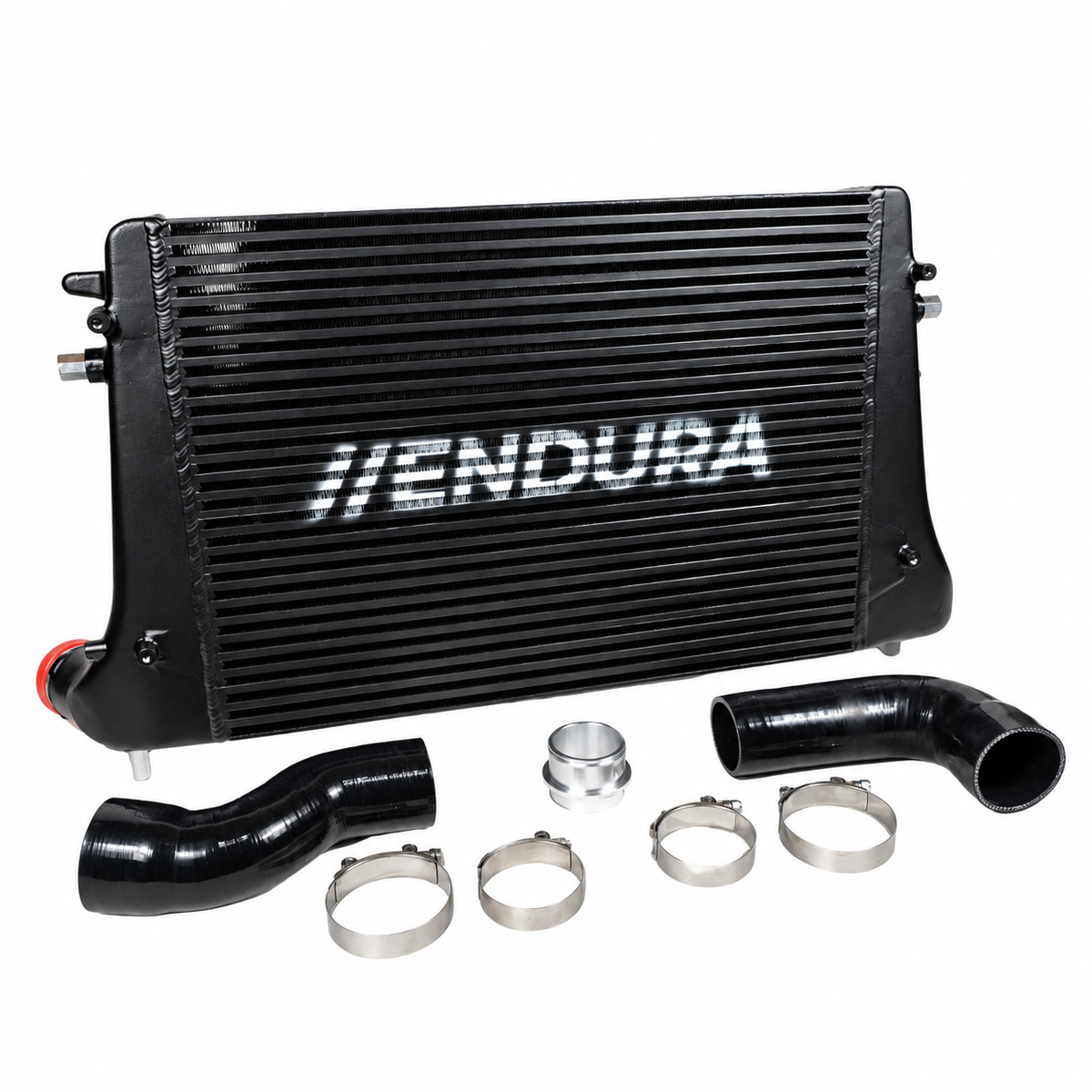 Endura intercoolerset voor Golf 5, Golf 6 R en GTI en Audi S3 8P, met zwarte intercooler, twee siliconenslangen, aluminium adapter en vier slangklemmen