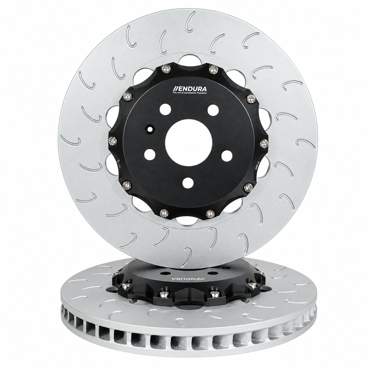 Endura tweedelige zwevende J-Hook remschijven 370 x 34 mm voor Audi RS3, met zwarte aluminium remschijfharten en geventileerde zilveren ringen