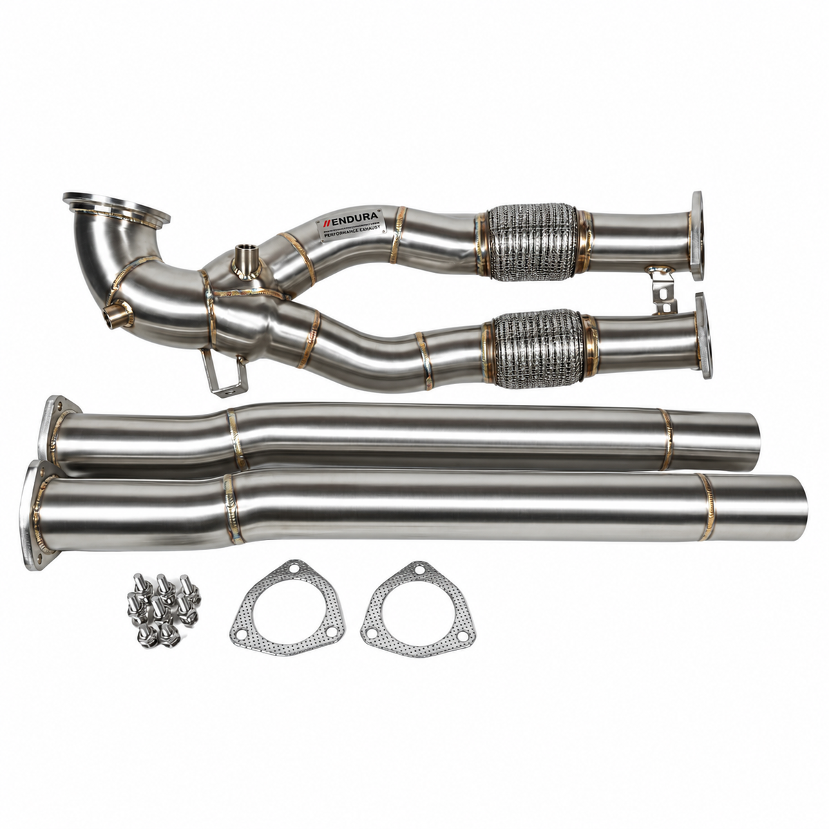Endura downpipe-set voor Audi RS3 8.5V en TTRS 8S 2.5 TFSI, met twee flexstukken, verbindingsbuizen, pakkingen en bevestigingsbouten