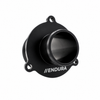 Zwarte Endura turbo muffler delete voor 2.0 TSI MQB, schuin vooraanzicht met drie montagegaten en Endura-logo