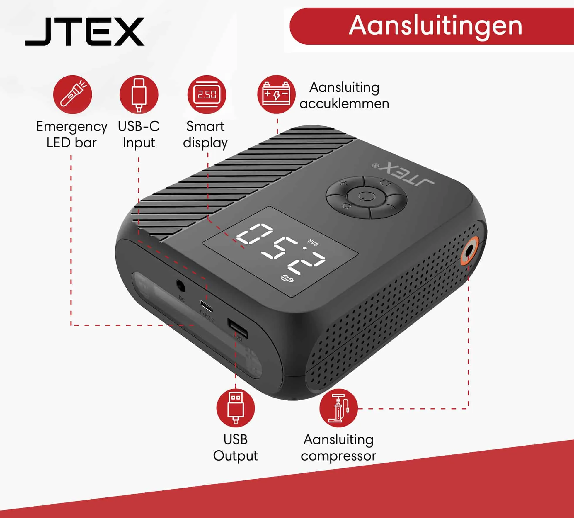 JTEX 12V Jump Starter + Compressor 1200A 5 in 1 Starting Aid 4